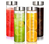 BUCOMTU Lot de 4 bouteilles en verre graduées de 500 ml, gobelets à smoothie avec couvercle en acier inoxydable, bouteilles d'eau en verre réutilisables, adaptées aux smoothies, jus, lait, café