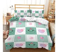BUCROS Parure de Lit Double - Vert Plaid Grenouille cœur 280x260 CM Housse de Couette + 2 Taies d'oreiller - Anti-Rides - Literie Chambre d'enfant