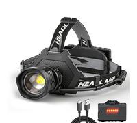 Bud K Lampe frontale LED XHP70 rechargeable par USB, super lumineuse 90 000 lumens avec 5 modes, piles incluses, zoomable, étanche pour camping, chasse, course à pied, pêche, vélo (noir)