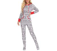 BUDAOWENG Combinaison Pyjama Femme Noel Grenouillère Capuche à Manches Longues avec Fermeture Zip Vêtements De Nuit Grande Taille Décontractée Ensemble De Pyjama Une Pièce Et Imprimé Flocon De Neige