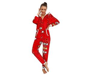 BUDAOWENG Combinaison Pyjama Femme Stitch Hiver Polaire Chaud Barboteuse Ample Onesies Deguisement à Capuche Imprimé en Flanelle Vêtements De Nuit Bodysuit Cosplay Halloween Noël Fête Costume, Rouge