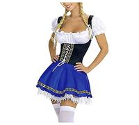 BUDAOWENG Robe Dirndl Set De Soirée Et Cocktail Courte Sexy Femme Chic Costume Bavarois Pour Oktoberfest Fete D'oktobre Carnaval Vintage Grande Taille Chambre Cosplay, Bleu, XL
