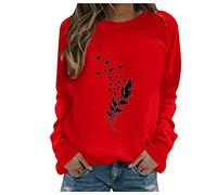 BUDAOWENG Sweat Femme Sans Capuche Chic Imprimé Plume Manche Longue Chemisier Col Rond Sweatshirt Grande Taille Pull Sexy Top élégant