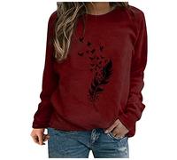 BUDAOWENG Sweat Femme sans Capuche Chic Imprimé Plume Sweat Shirt Femme Manche Longue Chemisier Femme Chic Et élégant Col Rond Sweatshirt Femme Grande Taille Pull Femme Sexy Top 3XL Vin
