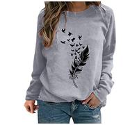 BUDAOWENG Sweat Femme sans Capuche Chic Imprimé Plume Sweat Shirt Femme Manche Longue Chemisier Femme Chic Et élégant Col Rond Sweatshirt Femme Grande Taille Pull Femme Sexy Top, Gris, 3XL