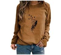 BUDAOWENG Sweat Sans Capuche Chic Imprimé Plume Femme Manche Longue Chemisier Chic Et élégant Col Rond Sweatshirt Grande Taille Pull Sexy Top, Café, XXL