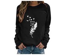 BUDAOWENG Sweat Femme sans Capuche Chic Imprimé Plume Sweat Shirt Femme Manche Longue Chemisier Femme Chic Et élégant Col Rond Sweatshirt Femme Grande Taille Pull Femme Sexy Top