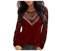 BUDAOWENG Tee Shirt Femme Sexy Dentelle Chemisier Femme Chic Et élégant Manches Longues Tunique De Plage été Haut Dentelle Femme Noir Vintage Casual Blouse Mode All-Match Top,Vin,3XL
