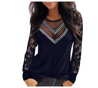 BUDAOWENG Tee Shirt Femme Sexy Dentelle Chemisier Chic Et élégant Manches Longues Tunique De Plage été Haut Noir Vintage Casual Blouse Mode All-Match Top, Marin, S