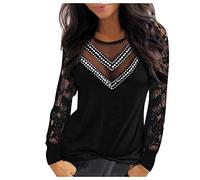 BUDAOWENG Tee Shirt Femme Sexy Dentelle Chemisier Femme Chic Et élégant Manches Longues Tunique De Plage été Haut Dentelle Femme Noir Vintage Casual Blouse Mode All-Match Top, M