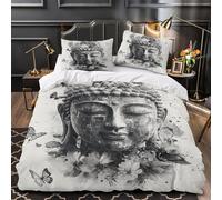Buddha Face Ensemble De Literie Microfibre Résistante 3D Effet 3 Pièces Éclair Ultra Douce Monk Serene Noir Blanc Linge de Lit Léger Hypoallergique for Ado Single（135x200cm）