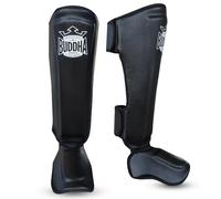 BUDDHA FIGHT WEAR - Protège-Tibias Muay Thai, MMA et Kick Boxing Modèle Epic - Fabriqué en Cuir Synthétique Dernière Génération - Coutures Plus résistantes et renforcées - Couleur Noir - Taille S