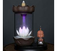 Buddhist Supplies Brûleur d'Encens à Reflux Cascade avec Lumière LED, Porte-Encens Fleur de Lotus he et Petit Moine
