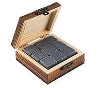 Buddy's Bar - 9 pierres à whisky, 2 x 2 cm, coffret cadeau élégant, boîte en bois réutilisable, glaçons naturels en granit, pierres de refroidissement neutres au goût, gris
