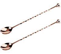 Buddy's Bar - Cuillères de Bar, set de 2 pièces, 2 x cuillères de bar de haute qualité en acier inoxydable avec revêtement en cuivre brillant, poignée tordasée avec pilon muddler, 27cm long