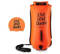 BUDDYSWIM Set Bouée de Natation en Eau Libre 28 litres et Bonnet de Bain en Silicone. Pochette Etanche pour la Natation en Eau Libre avec Sac Impermeable Etanche. Couleur Orange.