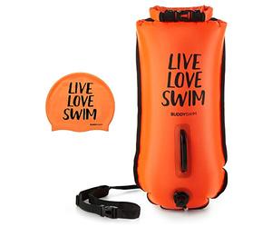 BUDDYSWIM Set Bouée de Natation en Eau Libre 28 litres et Bonnet de Bain en Silicone. Pochette Etanche pour la Natation en Eau Libre avec Sac Impermeable Etanche.