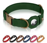 BUDKAS AirTag - Collier pour chien en cuir véritable avec support Apple AirTag et boucle en métal - Collier de suivi GPS intelligent pour chiens de petite, moyenne et grande taille (vert foncé, taille