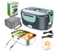 Budth 80W Electric Lunch Box, Portable Food Warmer for Car Truck Office Construction Site, 12V 24V 110-230V Adapter, Leak Proof, 304 Stainless Steel Container, SS fork & Spoon and Carry Bag