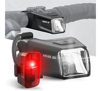 Büchel Ahead Set de phares Avant et arrière pour vélo - 35/15 Lux - Design au Milieu du Guidon - Certifié StVZO - Rechargeable - Éclairage LED pour vélo Avant + arrière - Noir