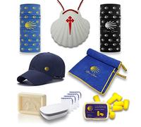Buen Camino Kit de démarrage pèlerin pour le chemin de Saint-Jacques,Équipement de base composé de pétoncles, capuchon, 2 foulards, kit de lavage,cadeau Camino original passeport de pèlerinage