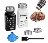 BUENTYA 2 Pcs Salière et Poivrière Verre 80ml Salière Blanche Originale Poivrier Noir Couvercle Ensemble de Pot à Épices avec Entonnoir et Brosse pour Sel, Poivre, Épices, Cuisine, Restaurant(Carré)