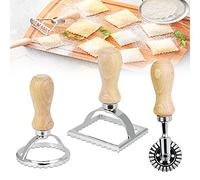 BUENTYA 3 Pcs Ensemble d’Emporte-pièce à Raviolis en Acier Inoxydable Coupeurs de Ravioli avec Manche en Bois Coupe Ravioli Carré et Coupe-biscuit Rond pour Biscuits Pâtisseries Raviolis Pâte Farcie