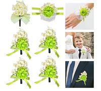 BUENTYA 4 PCS Boutonniere Mariage Artificielle en Tissu Soie avec un Corsage de Mariage Enfant et une Fleur de Poignet Mariage Enfant Boutonnière Mariée pour Fournitures de Mariage(Vert et Blanc)
