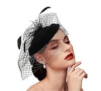 BUENTYA Chapeau Vintage Femme Elégant Chapeau Plume Mariage Dames Day Chapeaux de Vintage Rétro Chapeaux Cerceau Cheveux avec Voilette pour Bal de Promo, Mariage, Fête, Robe, Funérailles(Noir)