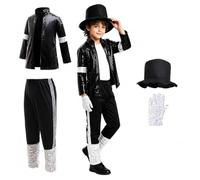 BUERPINKING King of Pop Ensemble de costume de danse spectacle pour garçon, veste à paillettes noires et blanches, tenue de scène Moonwalk pour Halloween, carnaval, performance sur scène et fête à
