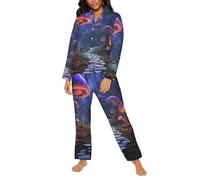 Buewutiry Ensemble de pyjama pour femme - Champignons lumineux sur le chemin de la jungle - Vêtements de nuit pour femmes avec poches, Noir/blanc, XL