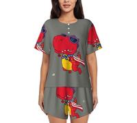 Buewutiry Ensemble de pyjama pour femme - Pyjama confortable à manches courtes motif dinosaure, super héros de dessin animé, Noir/blanc, S