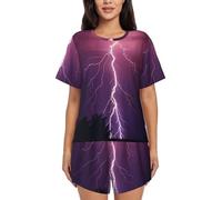 Buewutiry Ensembles de pyjama pour femme - Orage violet violet pyjama confortable pour femmes, ensemble de vêtements de nuit à manches courtes, Noir/blanc, 4XL