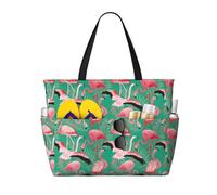 Buewutiry Grand sac de plage résistant à l'eau et au sable - Motif flamant rose tropical - Joli sac fourre-tout de plage pour femme avec fermeture éclair