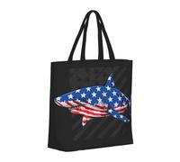 Buewutiry Grand sac fourre-tout réutilisable avec fermeture éclair, sac de plage pour femme, requin avec drapeau américain, sac pour maman, adapté pour l'hôpital, la plage, les voyages, le shopping