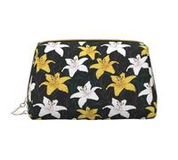 Buewutiry Grande trousse de maquillage de voyage - Trousse de maquillage portable en cuir PVC avec fermeture éclair et fleurs de lys jaunes et blancs pour femme