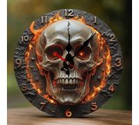 Buewutiry Horloge murale décorative à piles - 25,4 cm - Motif tête de mort flamboyante en bois avec impression 2D sans tic-tac - Horloges murales silencieuses pour salon, chambre à coucher, bureau
