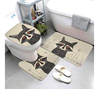 Buewutiry Lot de 3 tapis de salle de bain - Imprimé graphique rétro raton laveur - Absorbants et lavables - Housse de couvercle de toilette en forme de U - Tapis de contour doux pour salle de bain