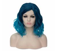 BUFASHION Perruque courte en cheveux synthétiques ondulés sans colle - Résistante à la chaleur - Raie au milieu - Bleu ombré
