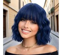 Bufashion Perruque courte ondulée pour femme - 35,6 cm - Bleu foncé - Perruque synthétique pour Halloween et cosplay - Avec frange bien rangée et bonnet de perruque gratuit (bleu foncé)