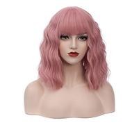 BUFASHION Perruque synthétique courte ondulée et bou pour femme - 35,6 cm - Rose clair - Style bob - Pour Halloween et cosplay - Perruque avec frange ordonnée et bonnet de perruque gratuit (rose