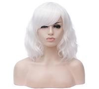 BUFASHION Perruque synthétique courte ondulée pour femme - 35,6 cm - Blanc - Pour cosplay et Halloween - Avec frange latérale - 13 couleurs disponibles