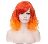 BUFASHION Perruque synthétique courte ondulée pour femme - 35,6 cm - Orange ombré - Pour cosplay, Halloween - Avec frange latérale - 13 couleurs disponibles