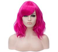 BUFASHION Perruque synthétique courte ondulée pour femme - 35,6 cm - Rose - Pour cosplay, Halloween - Avec frange latérale - 13 couleurs disponibles