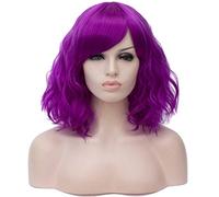 BUFASHION Perruque synthétique courte ondulée pour femme - 35,6 cm - Violet - Pour cosplay et Halloween - Avec frange latérale - 13 couleurs disponibles