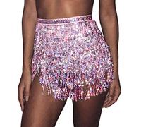 Bufenia Jupe de Hanche de Danse du Ventre pour Femmes Gland Paillettes écharpe de Hanche à Bretelles Jupes Rave Costume d'halloween Club Festival (Rose)