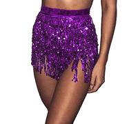Bufenia Jupe de Hanche de Danse du Ventre pour Femmes Gland Paillettes écharpe de Hanche à Bretelles Jupes Rave Costume d'halloween Club Festival (Violet)