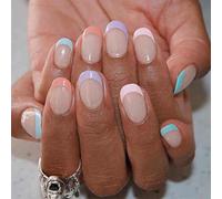 Bufenia Lot de 24 faux ongles ovales français à coller sur les ongles en forme d'amande brillants à presser avec motif en acrylique pour femmes et filles (B)