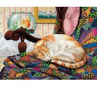 Buffalo Games - Joelle McIntyre - Chat matelassé endormi - Puzzle de 750 pièces pour Adultes - Puzzle Stimulant Parfait pour Les soirées de Jeu - Taille finie : 61 x 45,7 cm