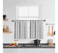 Buffalo Lot de 2 rideaux de café à carreaux de buffle gris et blanc 91,4 cm de long, rideau court à passe-tringle pour cuisine, salle de bain, 71,1 x 91,4 cm, argenté/gris